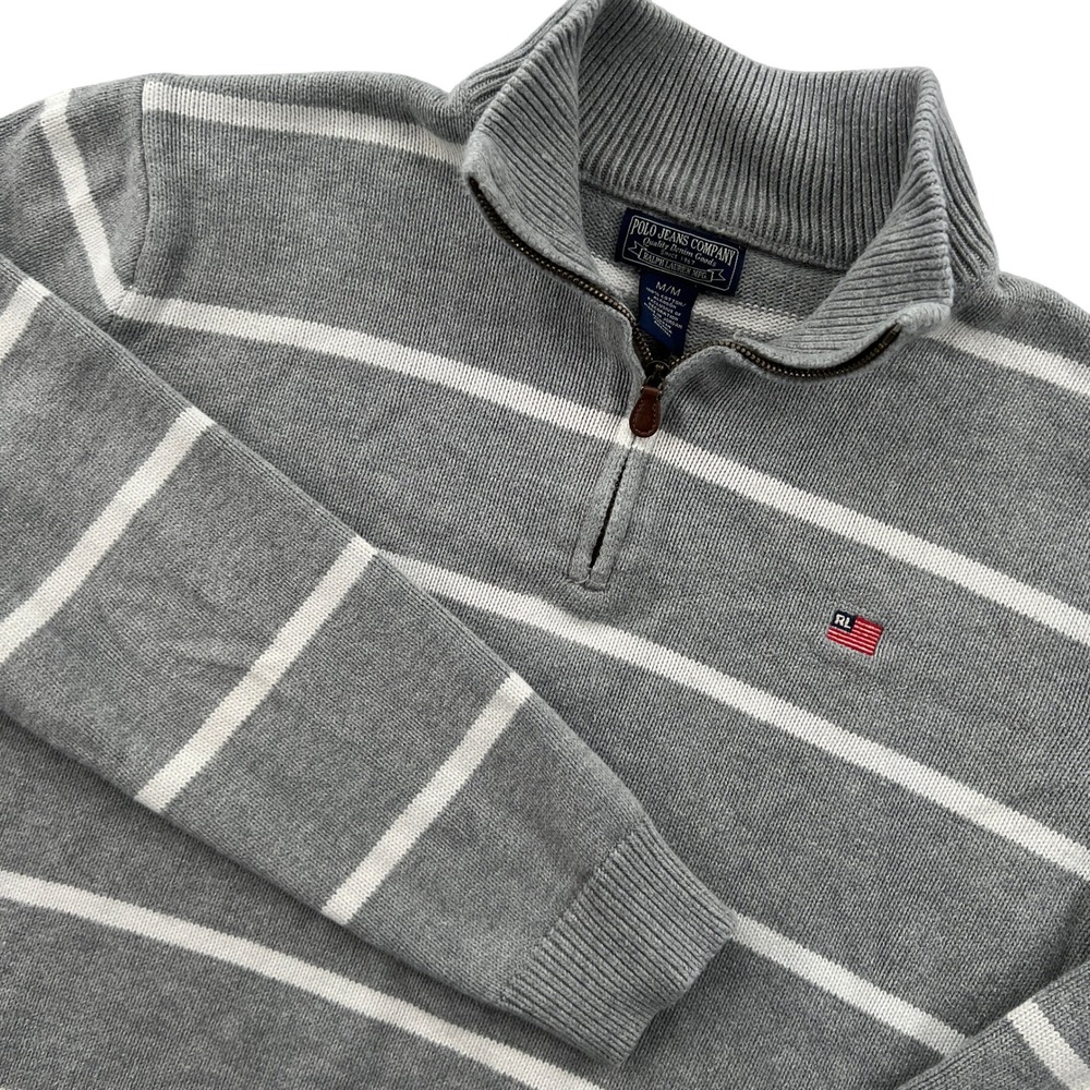 VTG Y2K Polo Jeans Ralph Lauren 1/4 Zip Sweater Men Medium Gray White Stripe Ivy